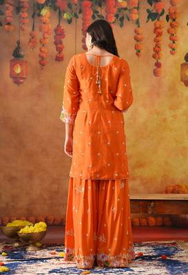 Orange silk embroidered gharara set 5
