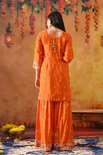 Orange silk embroidered gharara set