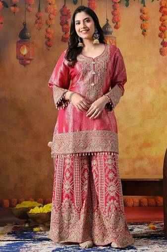 Hot pink banarasi silk embroidered sharara set