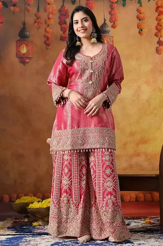 Hot pink banarasi silk embroidered sharara set