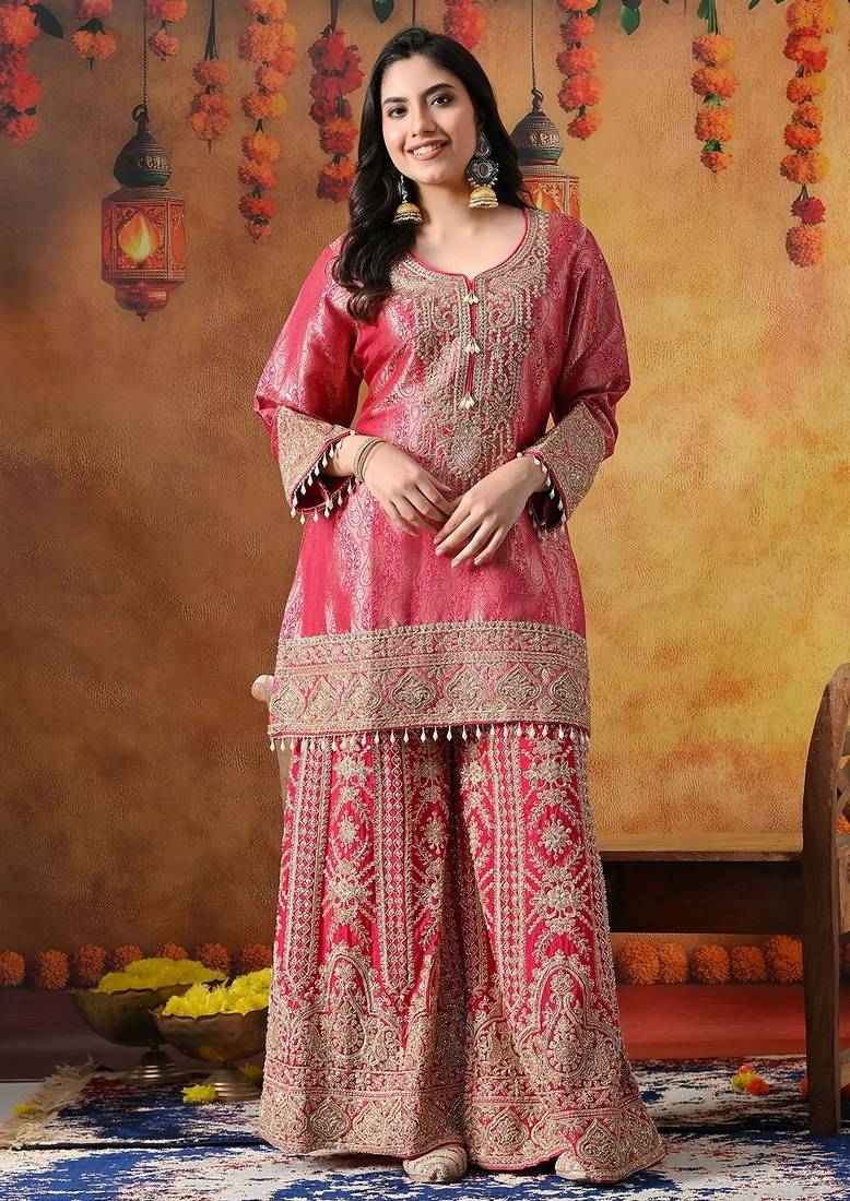 Hot pink banarasi silk embroidered sharara set