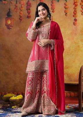 Hot pink banarasi silk embroidered sharara set 2