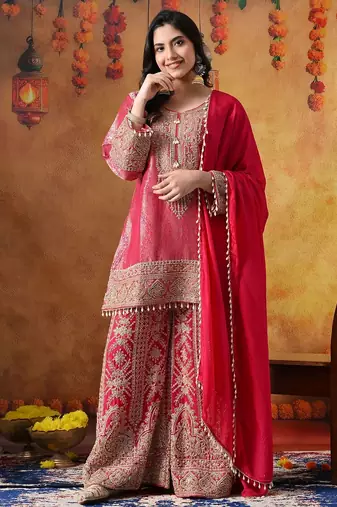 Hot pink banarasi silk embroidered sharara set