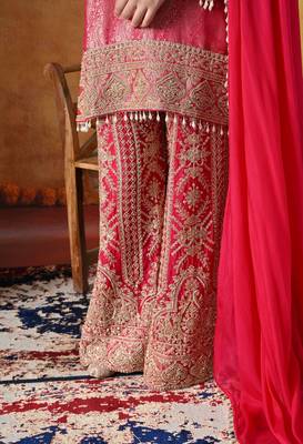 Hot pink banarasi silk embroidered sharara set 3