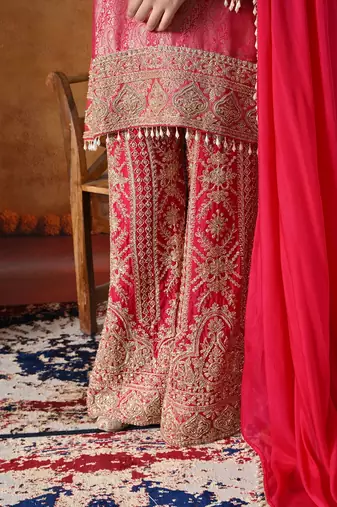 Hot pink banarasi silk embroidered sharara set