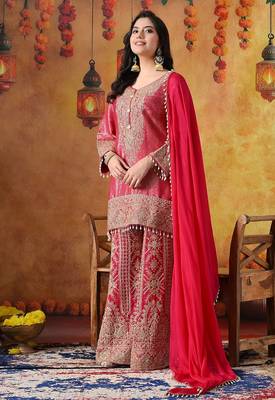 Hot pink banarasi silk embroidered sharara set 4