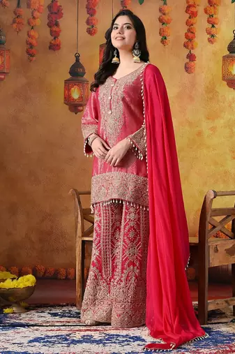 Hot pink banarasi silk embroidered sharara set