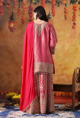 Hot pink banarasi silk embroidered sharara set 5