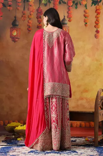 Hot pink banarasi silk embroidered sharara set