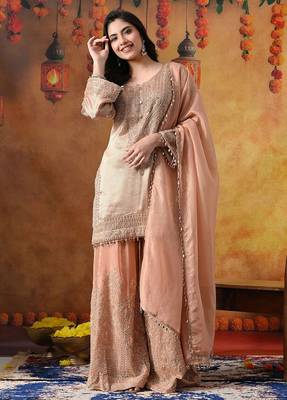 Peach banarasi silk embroidered sharara set 1