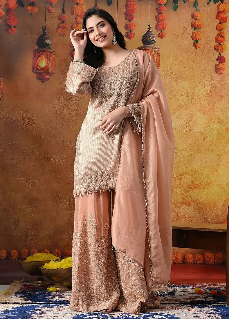 Peach banarasi silk embroidered sharara set