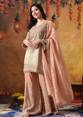 Peach banarasi silk embroidered sharara set 2