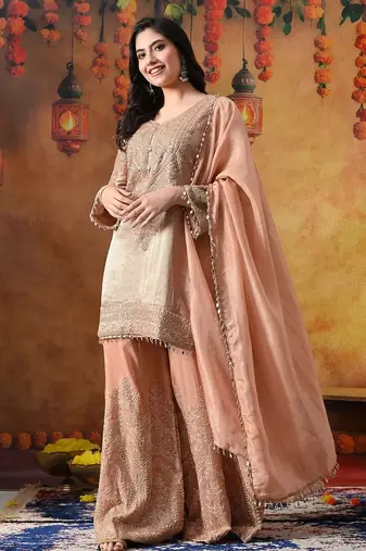 Peach banarasi silk embroidered sharara set
