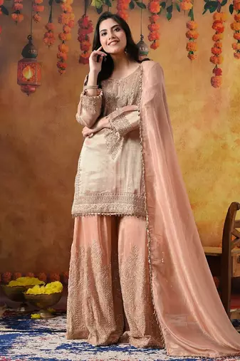 Peach banarasi silk embroidered sharara set