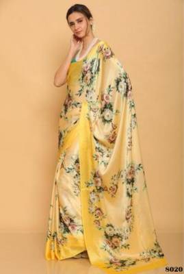 yellow printed satin saree with blouse piece 2