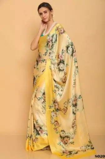 yellow printed satin saree with blouse piece