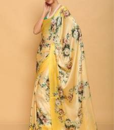 yellow printed satin saree with blouse piece