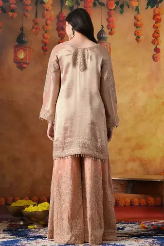 Peach banarasi silk embroidered sharara set