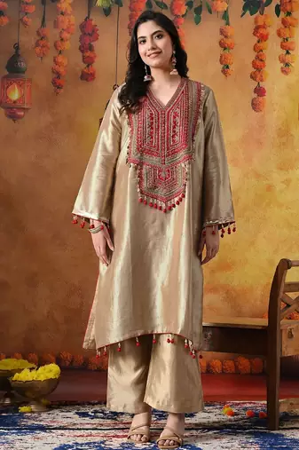 Golden banarasi silk plain kurta set