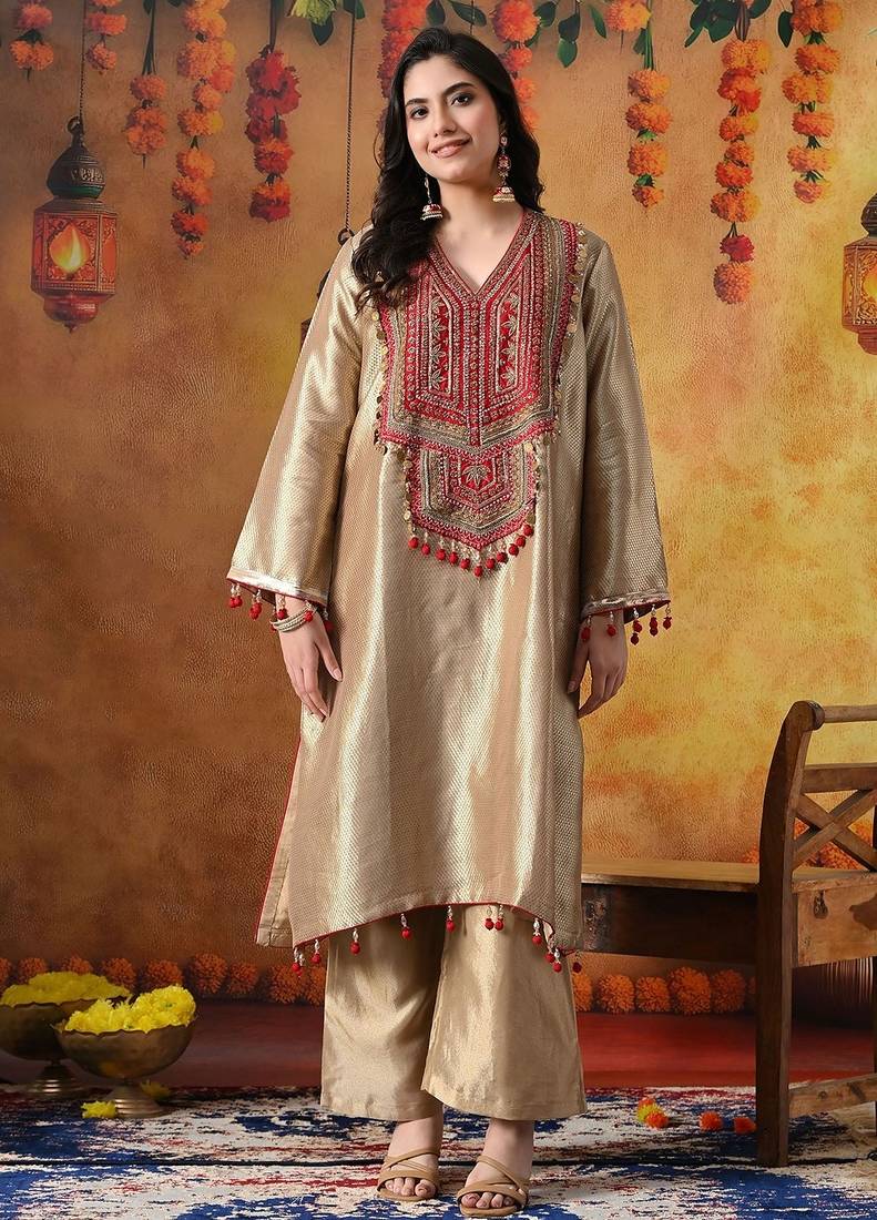 Golden banarasi silk plain kurta set