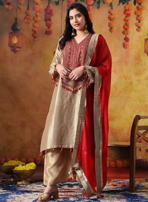 Golden banarasi silk plain kurta set 2