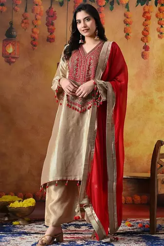 Golden banarasi silk plain kurta set