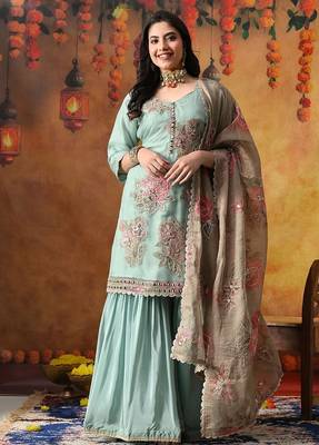 Pistachio green crust tissue embroidered gharara set 1