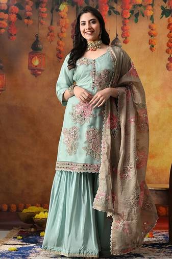 Pistachio green crust tissue embroidered gharara set