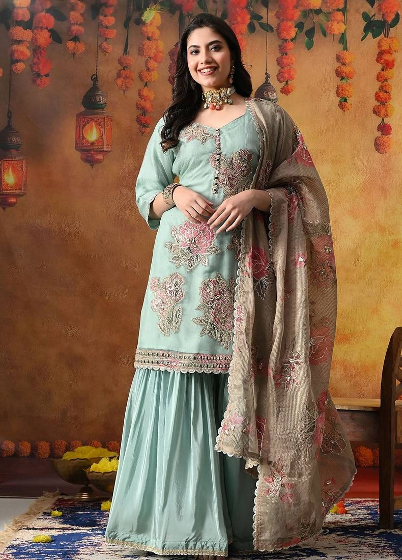 Pistachio green crust tissue embroidered gharara set