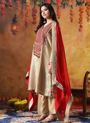 Golden banarasi silk plain kurta set 3