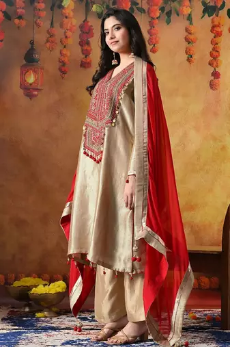 Golden banarasi silk plain kurta set