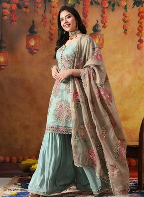 Pistachio green crust tissue embroidered gharara set 2