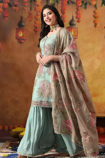 Pistachio green crust tissue embroidered gharara set