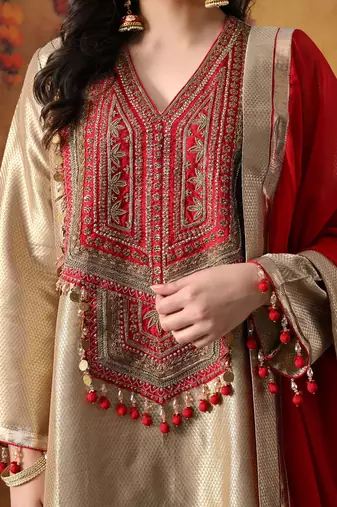 Golden banarasi silk plain kurta set