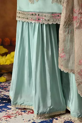 Pistachio green crust tissue embroidered gharara set