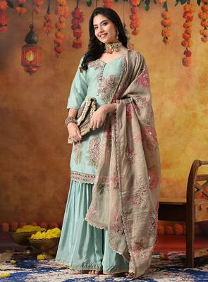 Pistachio green crust tissue embroidered gharara set 4