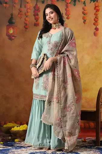 Pistachio green crust tissue embroidered gharara set
