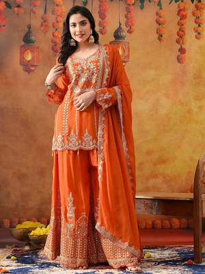 Orange chinon embroidered sharara set 1