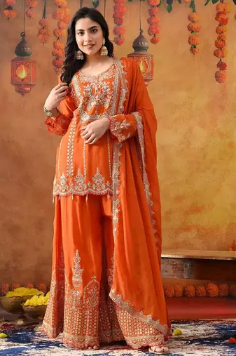Orange chinon embroidered sharara set