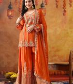 Orange chinon embroidered sharara set