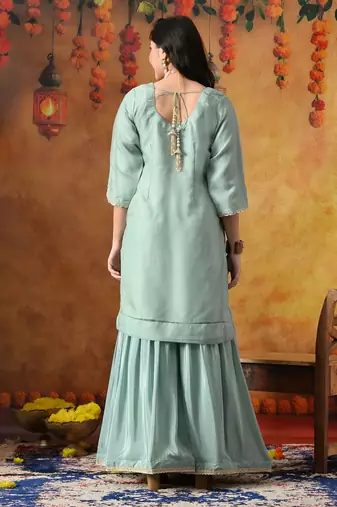 Pistachio green crust tissue embroidered gharara set