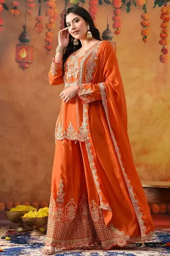 Orange chinon embroidered sharara set