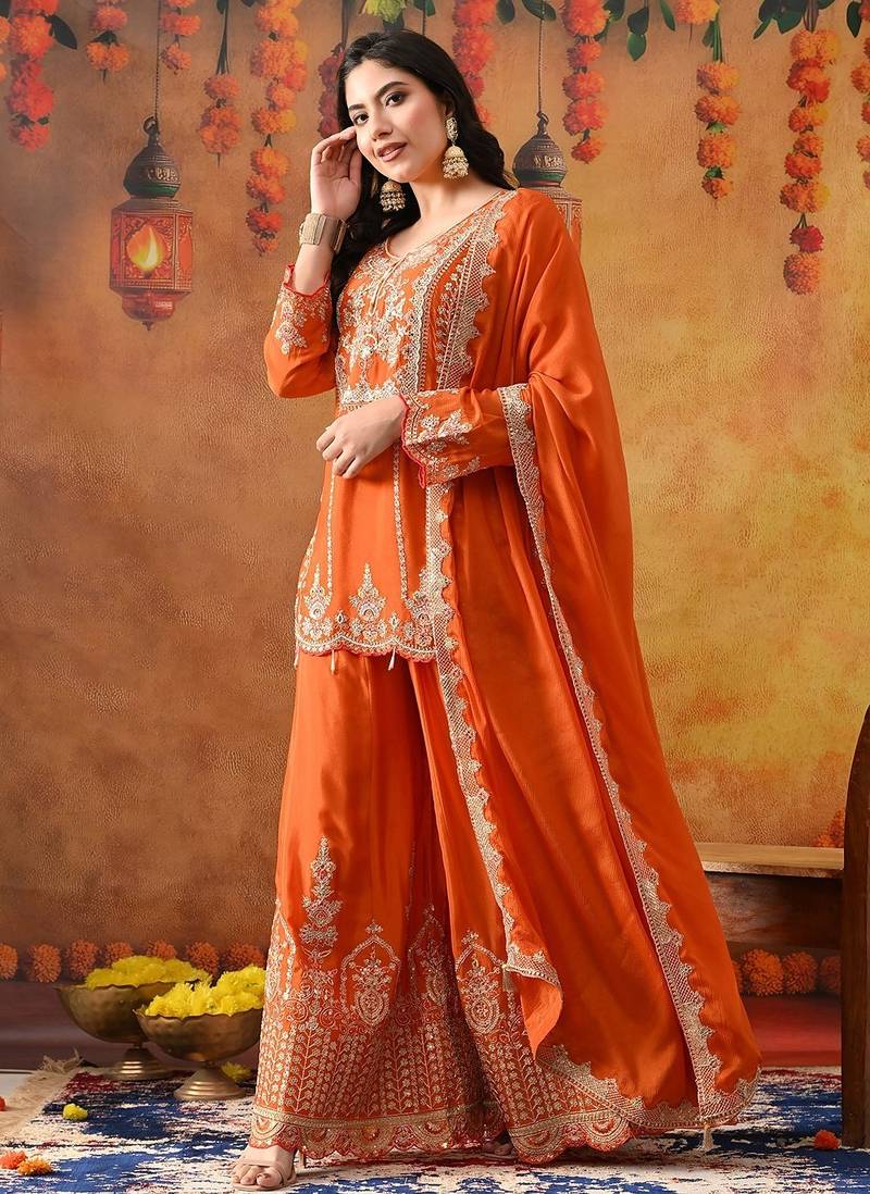Orange chinon embroidered sharara set