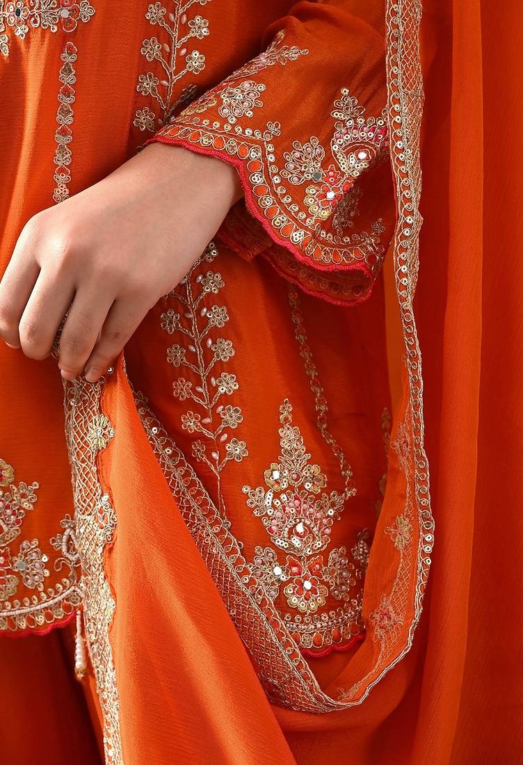 Orange chinon embroidered sharara set