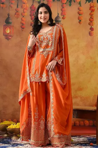 Orange chinon embroidered sharara set