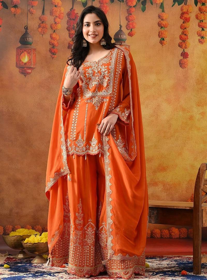 Orange chinon embroidered sharara set