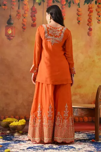 Orange chinon embroidered sharara set