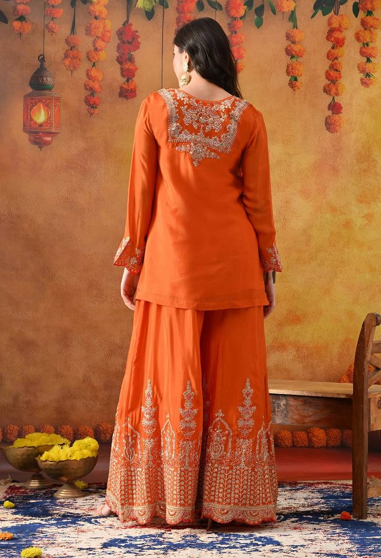 Orange chinon embroidered sharara set