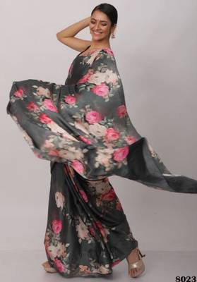dark grey printed soft satin saree with floral design 3