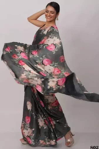 dark grey printed soft satin saree with floral design